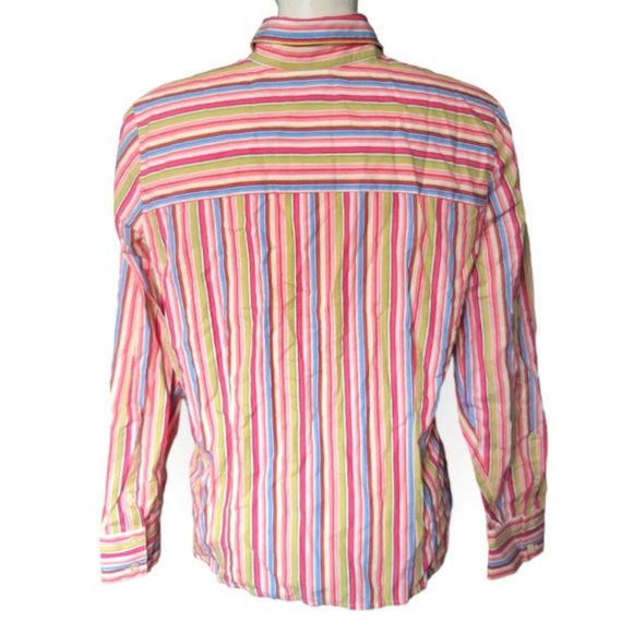 Liz Claiborne bright striped ruffle front button up collared blouse large - Picture 5 of 12